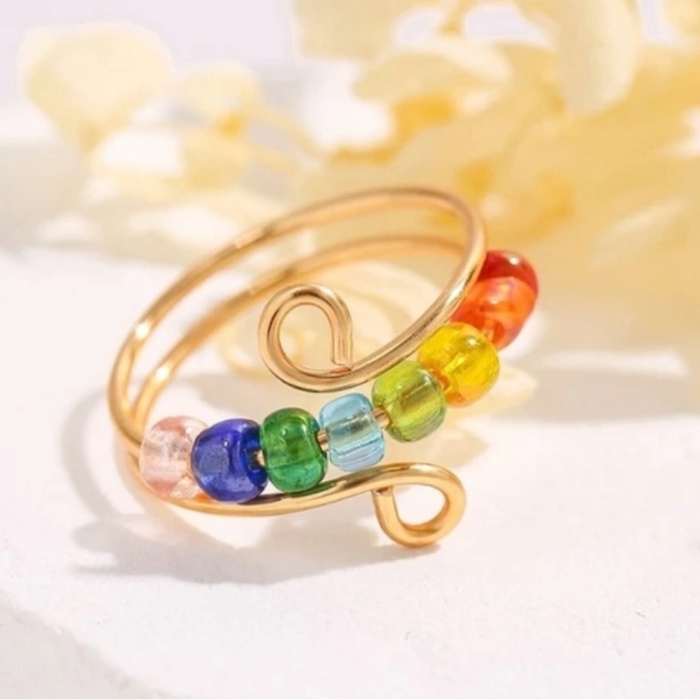 Rainbow color beads adjustable stainless steel Ring